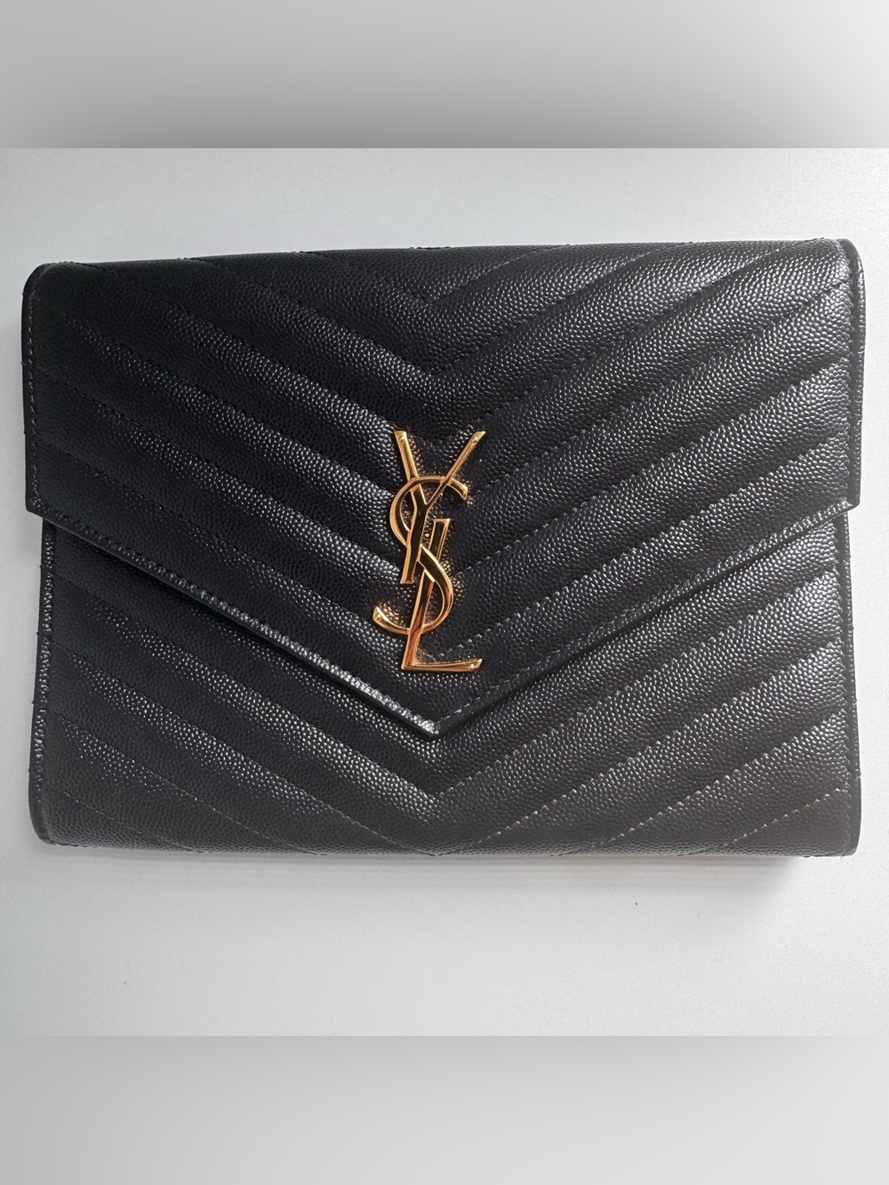 Saint Laurent YSL Envelope Wristlet Clutch Black Grain de Poudre + Full Set Rece